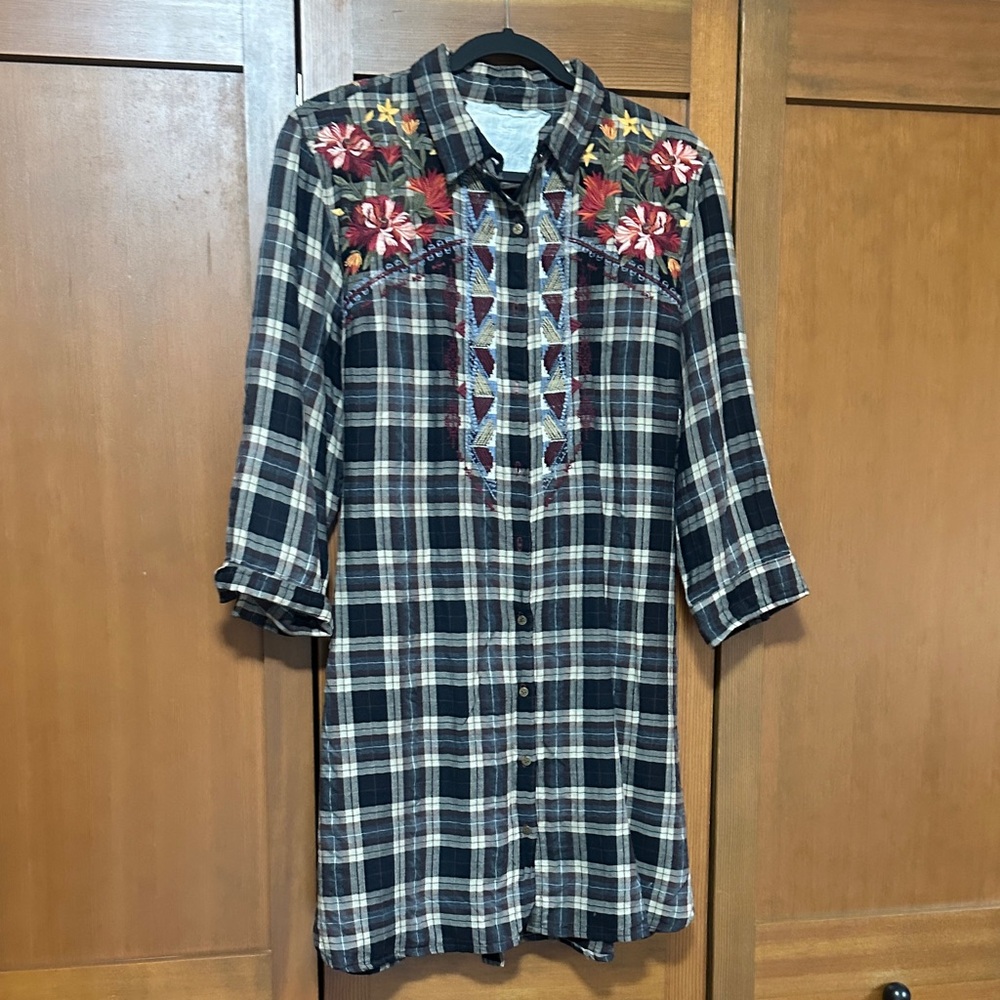 Plaid Embroidered Floral Shirt Dress - Brown, Black and Beige